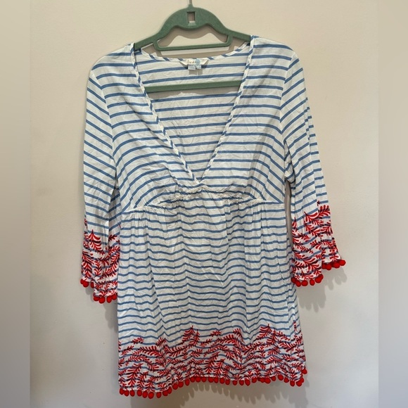 Boden Esmerelda Blue White Stripe Red Pom Pom Beach Kaftan Swim Cover-up Sz 8 - Picture 2 of 7